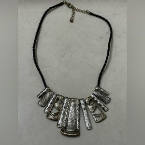 Vintage Silver Tone Trapezoid Pendant Black Leather Necklace